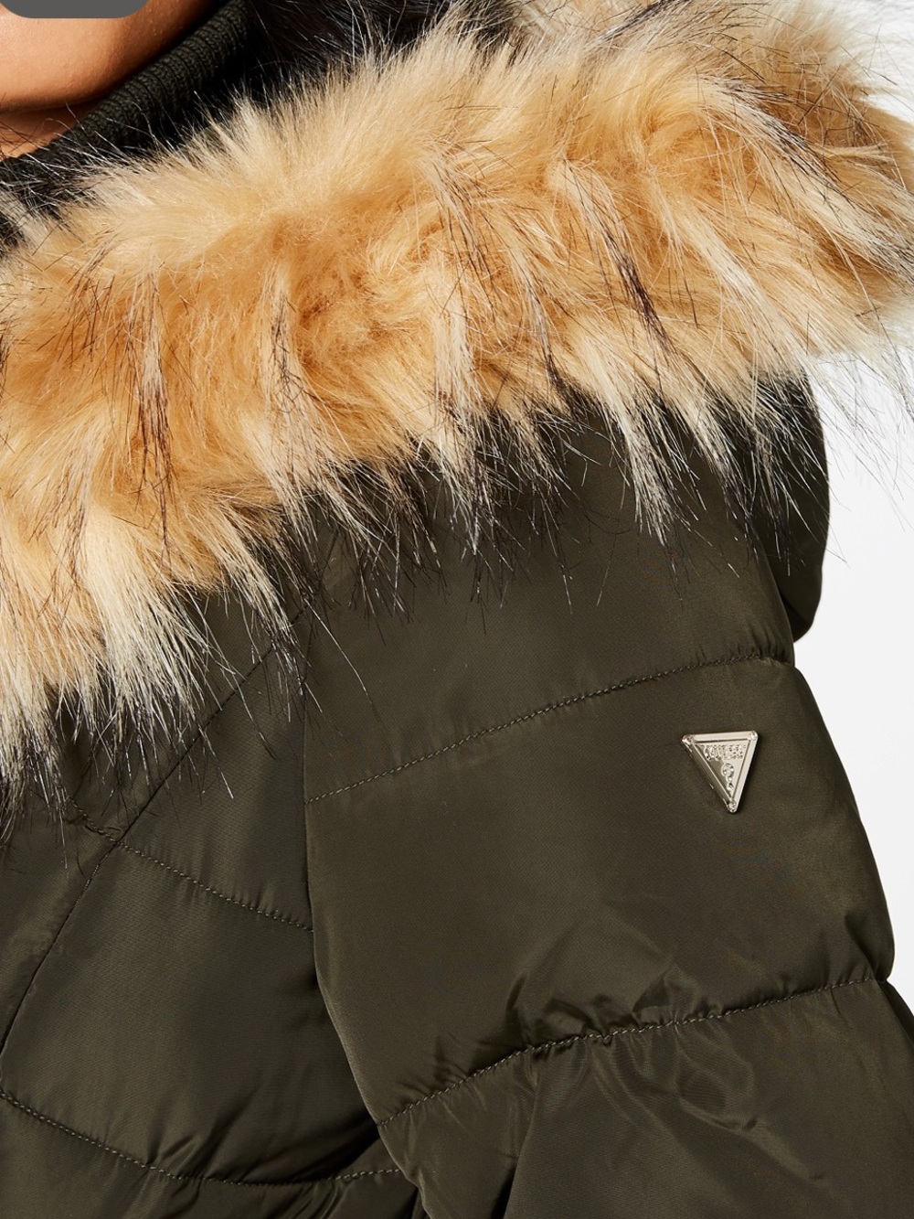 Guess women’s green faux fur puffer  hooded coat size large - Picture 2 of 13